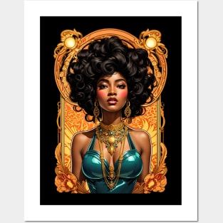 Elegant Black Woman in green dress retro vintage floral design Posters and Art